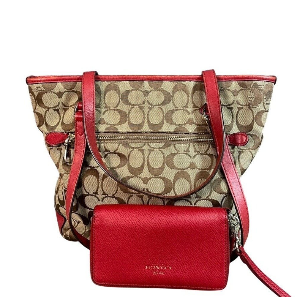 Coach Signature Khaki Brown Red Canvas Tote Bag and Red Leather Wallet Set
